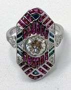 Hand made Italian platinum diamond and natural ruby and sapphire geometric design fashion ring
