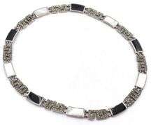 Vintage 925 sterling silver black onyx, mother of pearl and marcasite necklace