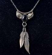 Black Onyx Gemstone and Feather Pendant Necklace in Sterling Silver