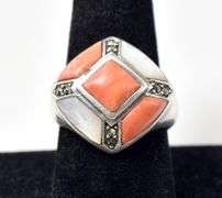 Spiny Oyster, Mother of Pearl and Marcasite Gemstone Ring in Sterling Silver