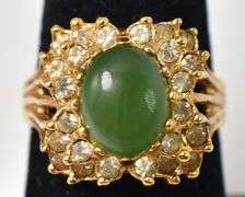 Jadeite  and CZ Gemstone Ring in Vermeil Sterling Silver. 7g, Size 6 3/4.