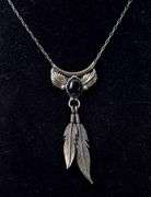 Black Onyx Gemstone and Feather Pendant Necklace in Sterling Silver