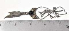 Black Onyx Gemstone and Feather Pendant Necklace in Sterling Silver