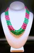 Beautiful 605.5 Cttw Mined From The Earth 3 Strand Natural Ruby and Emerald Necklace.
