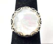 Round Pearlescent Ring with Swirl Pattern Band in Sterling Silver 7.3grams Size 6 3/4