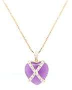 14kt Yellow gold Heart shaped Lavendar Jade crossover diamond pendant on box chain