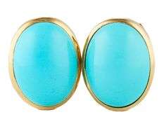 Oval Turquoise Bezel Set Omega Back Earrings in 18K