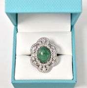 Stunning 7.75CTS Oval Cabochon-Cut Natural Emerald & 2.35CTW White Sapphire Gemstone Ring in Sterlin
