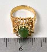Jadeite  and CZ Gemstone Ring in Vermeil Sterling Silver. 7g, Size 6 3/4.