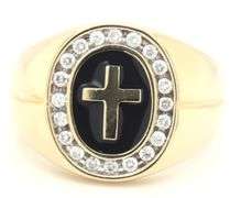 14kt Yellow Gold oval Shaped Black Enamel Cross Diamond Halo Ring. Total weight of Ring 9.10 Grams. 