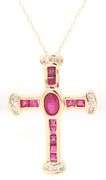 14kt Yellow gold oval and square Ruby and diamond cross pendant on chain
