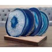 Natural Teal Agate Coasters with Wooden Holder