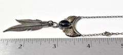 Black Onyx Gemstone and Feather Pendant Necklace in Sterling Silver
