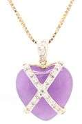 14kt Yellow gold Heart shaped Lavendar Jade crossover diamond pendant on box chain