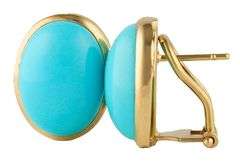 Oval Turquoise Bezel Set Omega Back Earrings in 18K
