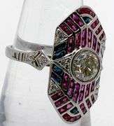 Hand made Italian platinum diamond and natural ruby and sapphire geometric design fashion ring