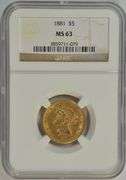 Choice BU 1881 US $5 Liberty Gold Piece. NGC MS63