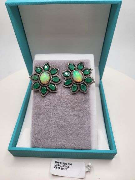 Very high quality hand made emerald and diamonds with opal on silver earrings