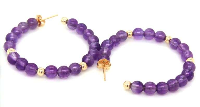 14kt Yellow gold amethyst and gold ball hoop earrings