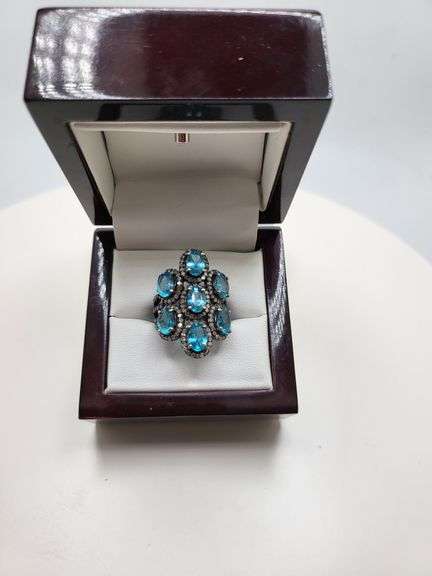 Extremely fine Victorian natural blue topaz and diamonds ring on silver