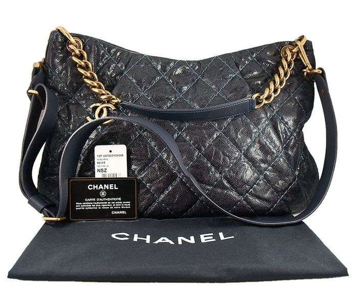 Chanel Dark Blue Crumpled Grained Calfskin Coco Pleats Hobo Bag
