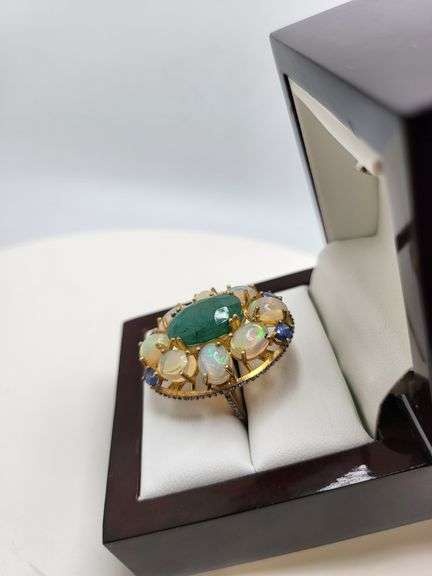 Extremely fine Victorian emerald , opal and diamonds ring on silver