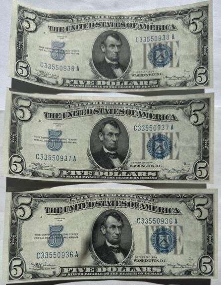 Three Consecutive $5 1934 Silver Certificates Near Unc