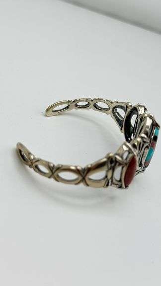 925 Vintage Sterling Silver Carolyn Pollack Relios With Rhodochrosite And Turquoise Inlay Cuff Brace
