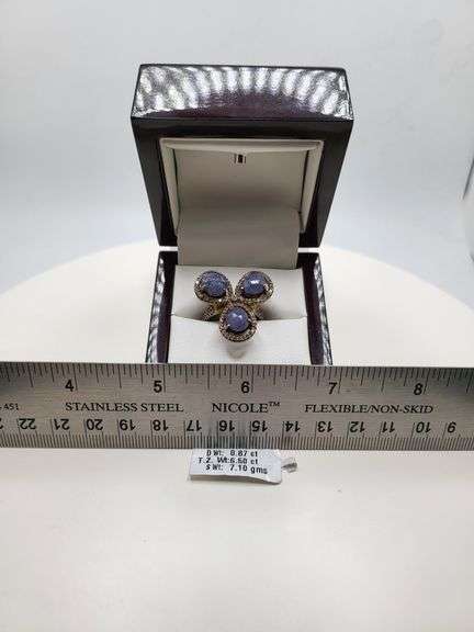 Extremely fine Victorian natural 3 sapphire in center and diamonds ring on silver