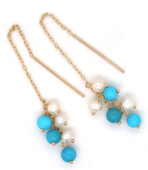 14kt Yellow gold Turquoise and pearl theader earrings