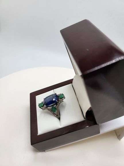 Extremely fine Victorian natural blue sapphire, emerald, diamonds ring on silver