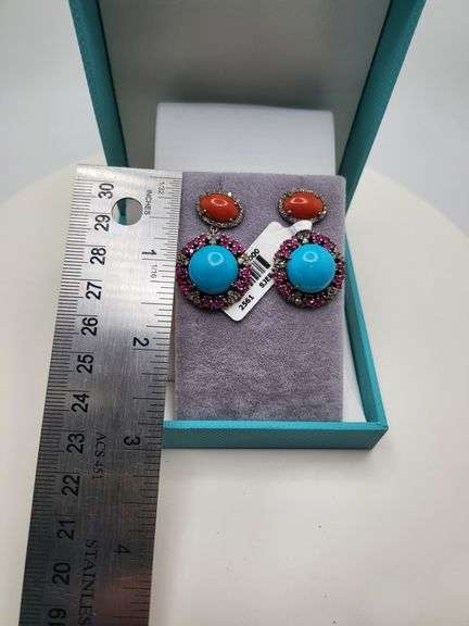 Extremely fine Victorian turquoise and diamonds with sapphire and coral earrings