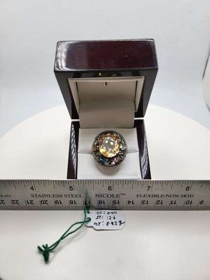 Extremely fine Victorian natural citrine, multi sapphire, diamonds ring on silver