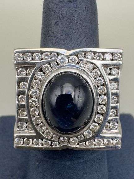 MENS 14K WHITE GOLD DIAMOND RING WITH CABOCHON BLUE SAPPHIRE
