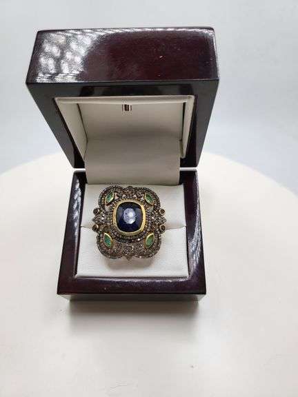 Extremely fine Victorian natural sapphire in center and emeralds, diamonds ring on silver