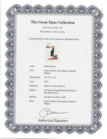 Rare Pablo Picasso Woodcut on Silk from Chant Funèbre pour Ignacio Sánchez Mejías, 1976