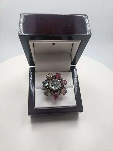Extremely fine Victorian natural multi sapphire, diamonds ring on silver