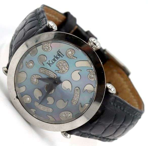 Korloff blue mother of pearl and pave diamond quartz watch