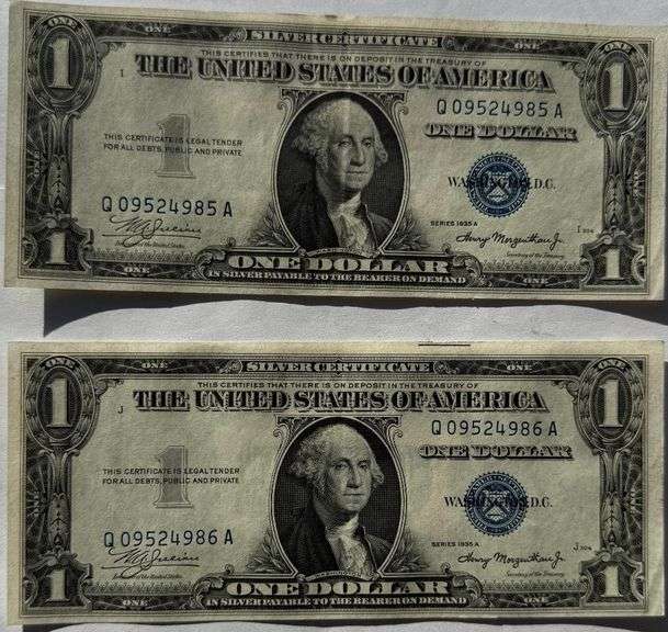 Two Consecutive $1 1935 A Unc Silver Certificates.