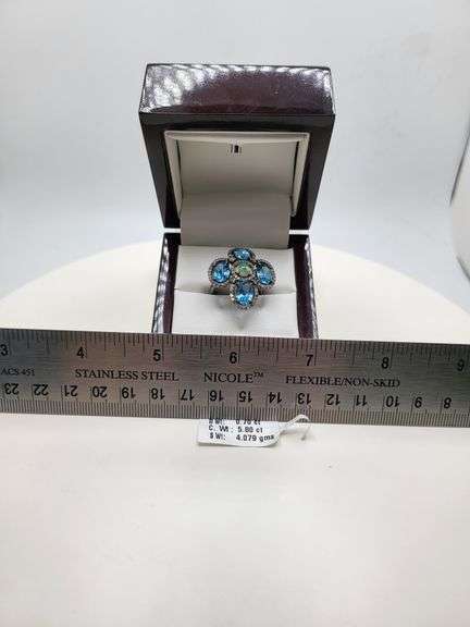 Extremely fine Victorian natural  4 blue topaz and diamonds ring on silver