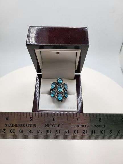 Extremely fine Victorian natural blue topaz and diamonds ring on silver