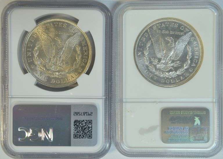Pair of near Gem BU NGC MS64 graded 1881-S & 1921 Morgan Silver Dollars