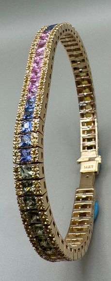 14K Yellow Gold Multi Colored Princess Cut Sapphires Tennis Bracelet