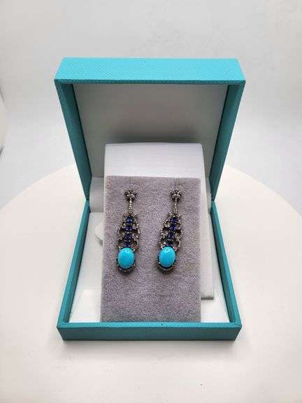 Extremely fine Victorian turquoise and diamonds with sapphire earrings