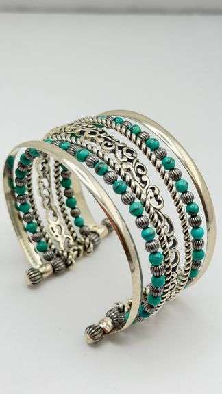925 Sterling Silver Carolyn Pollack Stack Turquoise Cuff Bracelet