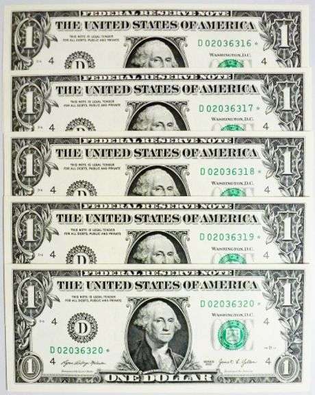 (5) Superb Crisp $1 2021 Star Replacement Notes Cleveland-Consecutive!!