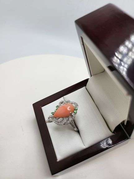 Extremely fine Victorian natural coral, emerald, diamonds ring on silver