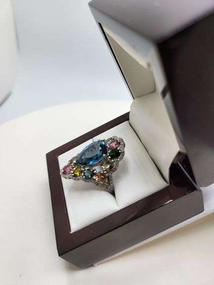 Extremely fine Victorian natural blue topaz sapphire accent and diamonds ring on silver