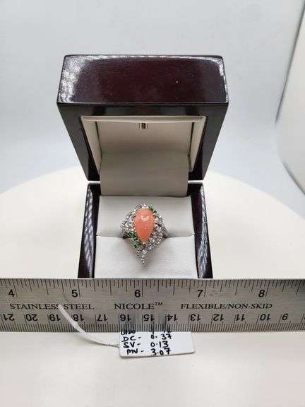 Extremely fine Victorian natural coral, emerald, diamonds ring on silver