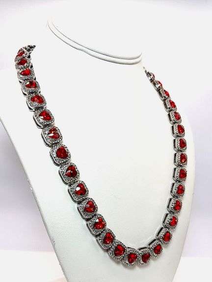 Beautiful 14 Kt 98.3 Grams White Gold Plated Simulated Ruby Diamond Tennis Necklace